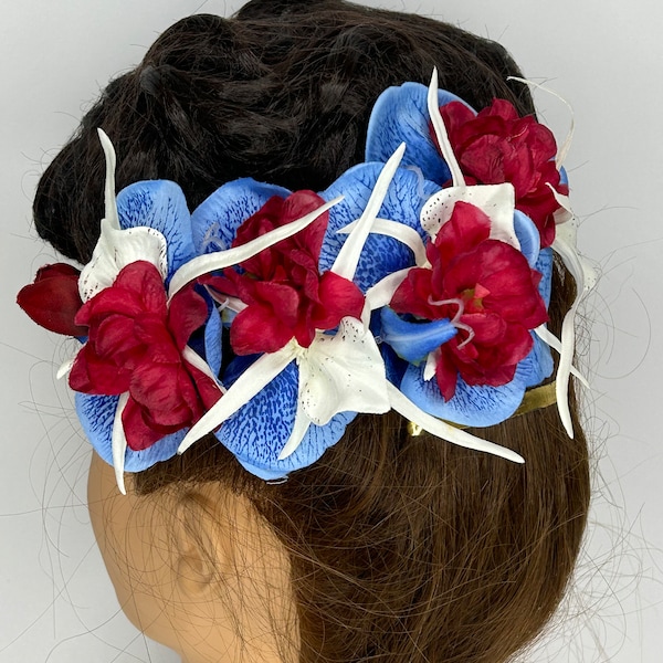 Grande orchidée bleue, rouge et blanche fantaisie Tiki Cascade hawaïenne pièce de tête déclaration Pin Up fleur de cheveux VLV