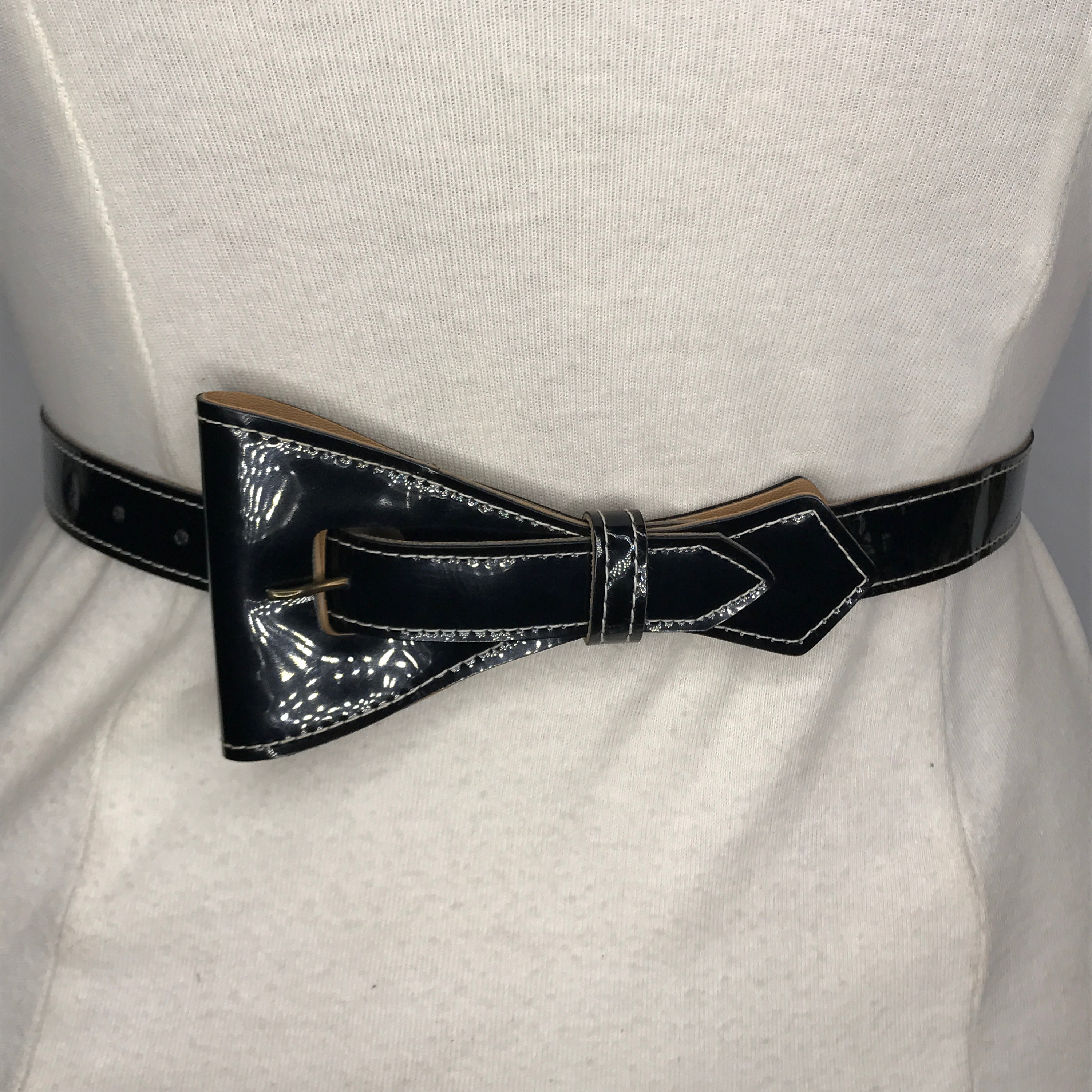 WHBM silver metallic bow skinny black belt 1990s Silver Metal Bow Tie Stretch Belt | 80s 90s Bow Buckle  main image 3