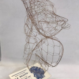 May include: A brown wire mesh sculpture of a human head. The sculpture is made of thin wire that is woven together to create a three-dimensional form.