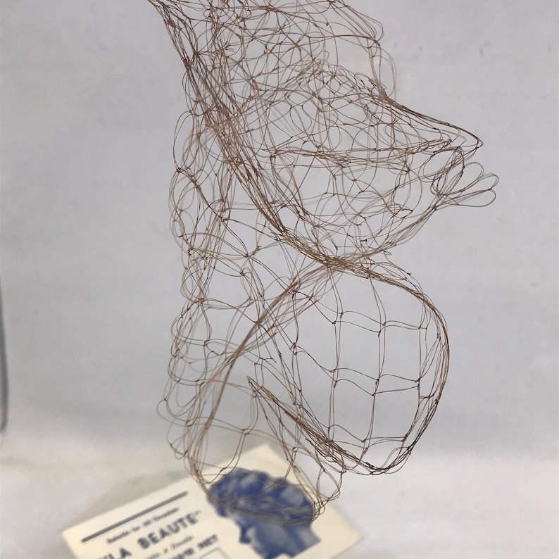 May include: A brown wire mesh sculpture of a human head. The sculpture is made of thin wire that is woven together to create a three-dimensional form.