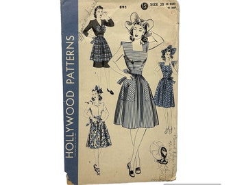 Original Paper 1940’s 38” Bust Apron Pinafore Dress & Bonnet Sewing Pattern By Hollywood 891 PAT0163