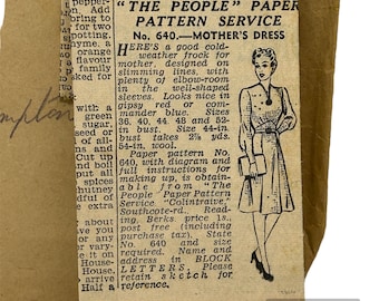 Original Paper 1940’s 40” Bust Dress Sewing Pattern By “The People” Paper Exclusive Pattern Service 640 PAT0186