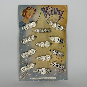 1 CARD Of 12 1950's Vintage Deadstock  Mixed Gold Coin Barrettes Small Plastic KITTY Hair Slides