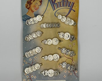 1 CARD Of 12 1950's Vintage Deadstock  Mixed Gold Coin Barrettes Small Plastic KITTY Hair Slides