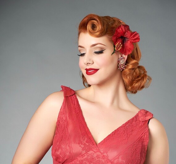 Red Hibiscus Pin Up Hair Flower Etsy