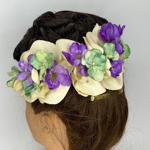 Cream, Purple and Mint Green Orchid & Hydrangea Fancy Tiki Cascade Head Piece Pin Up Hair Flower VLV