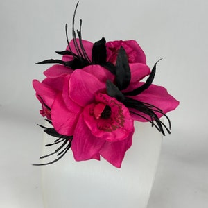 Hot Pink & Black Triple Cymbidium Orchid Pin Up Hair Flower Clip Vintage Style image 3