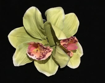 Natural Green Double Cymbidium Orchid Pin Up Hair Flower Clip