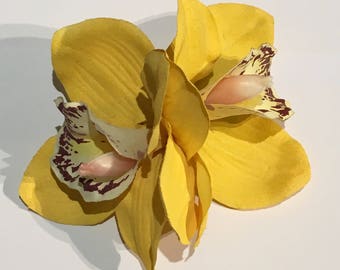 Yellow Double Cymbidium Orchid Pin Up Hair Flower Clip