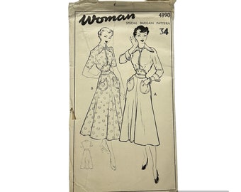 Original Paper 1950’s 34” Bust Dress Sewing Pattern Style Special Bargain Pattern For Woman Pattern 4890 PAT0175