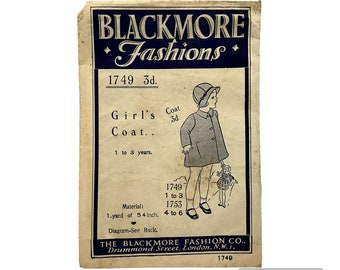 Original Paper 1930’s Age 1 - 3 Years Girls Coat Sewing Pattern By Blackmore Fashions 1749 PAT0179