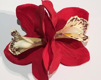 Red Double Cymbidium Orchid Pin Up Hair Flower Clip