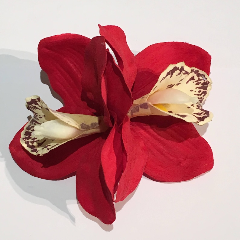 50s Hair Bandanna, Headband, Scarf, Flowers | 1950s Wigs     Red Double Cymbidium Orchid Pin Up Hair Flower Clip $10.73 AT vintagedancer.com