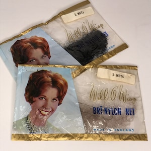 1960&#39;s Vintage Deadstock New Stock 2 Pack Old WILL O WISP Ultra Fine Bri Nylon Hair Net 2 Colours