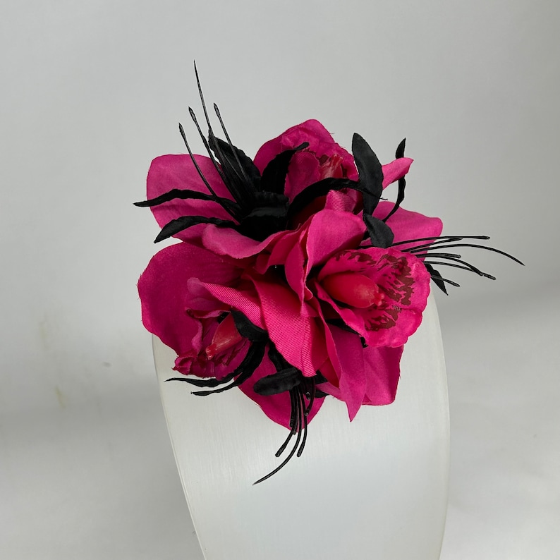 Hot Pink & Black Triple Cymbidium Orchid Pin Up Hair Flower Clip Vintage Style image 2