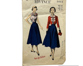 May include: Vintage sewing pattern for a skirt and blouse. The pattern is from Advance, pattern number 5452, size 16. The pattern is for a teen-age fashion. The pattern shows a woman wearing a blue skirt and a white blouse with red flowers. The pattern also shows a woman wearing a blue skirt and a red jacket with a white bow.
