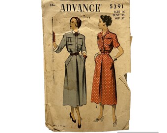 Originalpappersmönster för klänning i pappersformat från 1950-talet, 86 cm byst, från Advance 5391 PAT0130