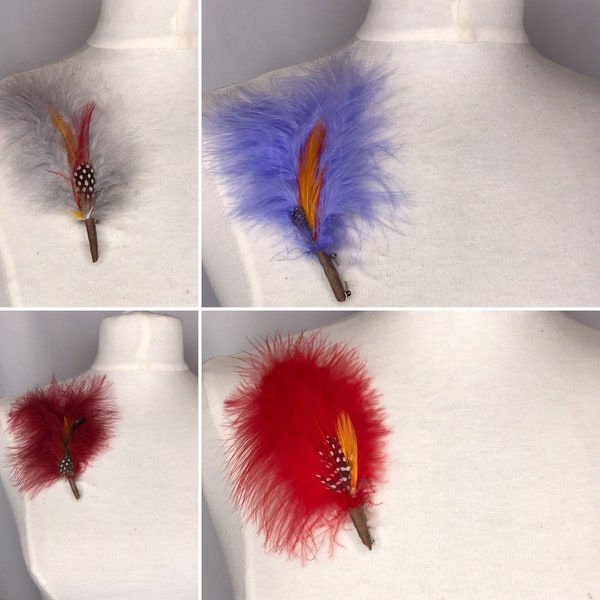Vintage New Old Stock Deadstock Marabou Feather Brooch or Hat Plume Red Burgundy White Grey Lavender
