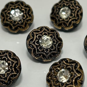 12 Black & Gold Rhinestone 11mm 1950&#39;s Decorative Glass Buttons Original Vintage Deadstock NBGD0200