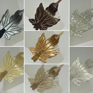 7 colours Vintage New Old Stock PAULETTE CREATION Carved Maple Leaf Lucite Stick Barrette Hair Slide 1950&#39;s 1960&#39;s BWR23/011
