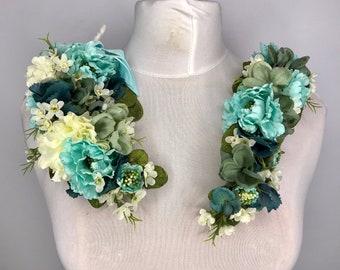 1940's Hollywood Style Duck Egg Blue with Cream Large Dress Corsage & Hair Flower Vintage Style 2 Piece Set