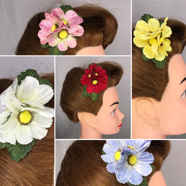 1940s Hair Accessories- Flowers, Snoods, Clips, Wigs, Bandannas     Limited Edition 1940s Style Vintage Velvet Cosmos Trio Cluster Hair Flower Clip Vintage Hair Flower 1950s  AT vintagedancer.com