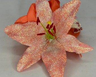 Hair Flower Iridescent Coral Peach Glitz Signature Glitter Lily & Orchid Clip