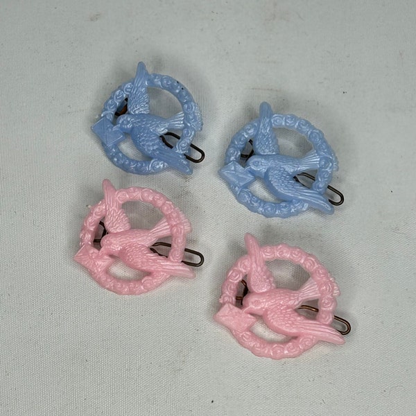 1 Pair Of 1950's Vintage Deadstock  Blue and Pink Swallow Carrying letter Barrettes Small Plastic Olympia Hair Slides