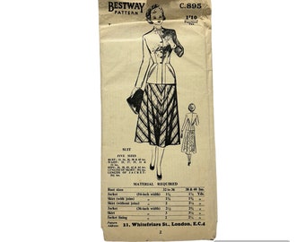 Original Paper 1950’s 34” Bust Skirt & Jacket Suit Sewing Pattern By Bestway C.895 PAT0169