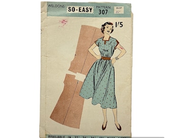 Original Paper 1950’s 32” Bust Dress Sewing Pattern By Weldons 307 PAT0157