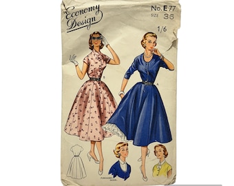 Original Paper 1950’s 36” Bust Dress Sewing Pattern By Economy Design E77 PAT0160