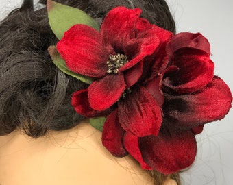 Winter Hair Flower Festive Red Velvet Dogwood Arrangement Hair Clip Vintage Style Christmas