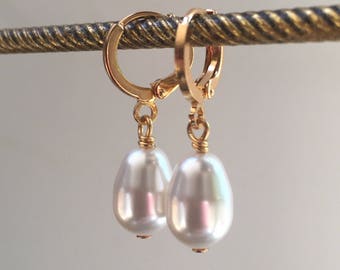 White Austrian Glass Pearl Teardrops on Gold Plated or Silver Plated Hinged Lever Back Hoops (Faux Pearl)