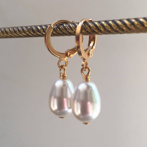 White Austrian Glass Pearl Teardrops on Gold Plated or Silver Plated Hinged Lever Back Hoops (Faux Pearl)