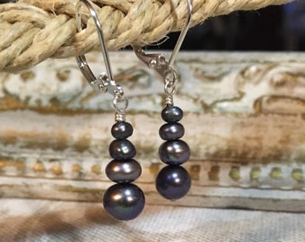 Little Stacks of Pebbles - Black/Peacock Freshwater Pearl Stack Earrings in Gold or Silver Finish