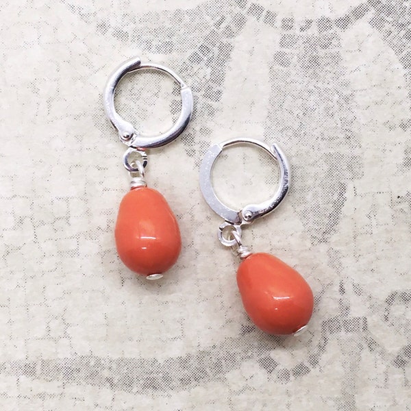 Austrian Glass Faux Coral Teardrop Earrings on Gold-Plated or Silver-Plated Lever Back Hoops