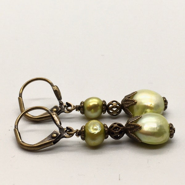 Bright Lime Green Vintage Style Freshwater Pearl Earrings