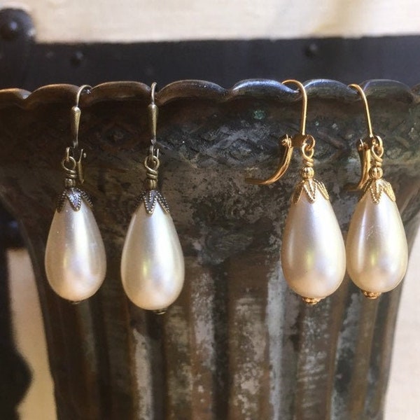 Medium-Sized Ivory Acrylic Faux Pearl Teardrop Pear Earrings with Gold or Antiqued Brass Plated Findings