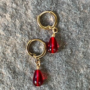 Little Ruby Red Czech Glass Teardrop Earrings