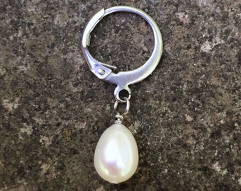 Stainless Steel Single Earring with a White Freshwater Pearl Drop- One Earring, Not a Pair. Multiple sizes available.