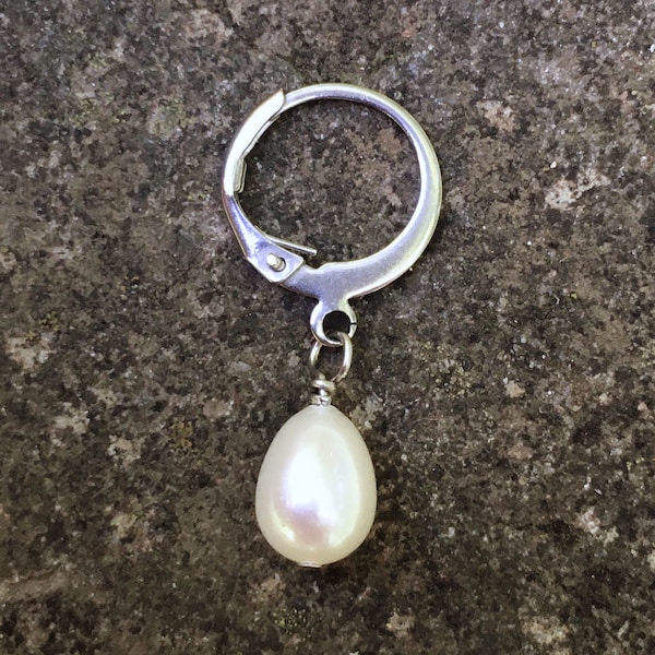 Stainless Steel Single Earring with a White Freshwater Pearl Drop- One Earring, Not a Pair. Multiple sizes available.