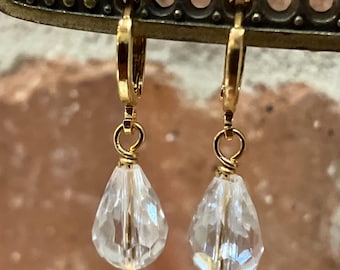 Iridescent Clear Faceted Glass Crystal Teardrop Earrings on Gold-Plated Brass Leverback Hoops