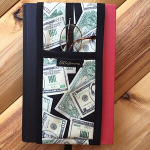 Unique Black Quilted Fabric Bookmark with Glasses Holder in Lucky Dollars