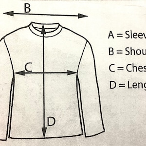 Op de afbeelding: Diagram met de afmetingen voor een trui. De afmetingen zijn gelabeld met A = Mouw 26, B = Schouder 15, C = Borst 18 en D = Lengte 28.
