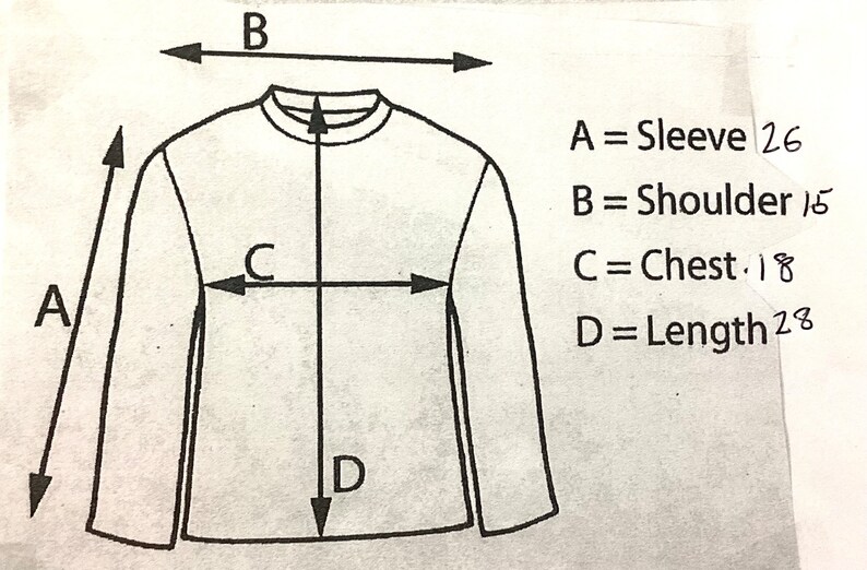 Op de afbeelding: Diagram met de afmetingen voor een trui. De afmetingen zijn gelabeld met A = Mouw 26, B = Schouder 15, C = Borst 18 en D = Lengte 28.