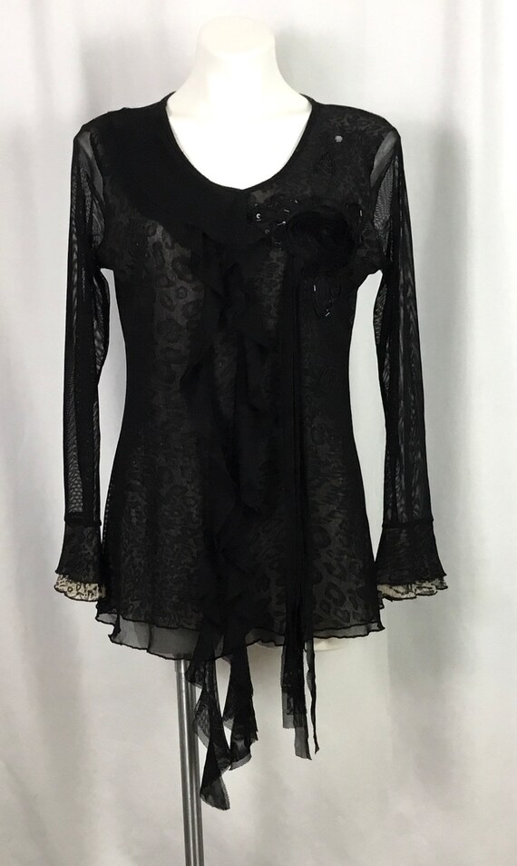 Pretty Angel black lace,chiffon,ruffled blouse -si