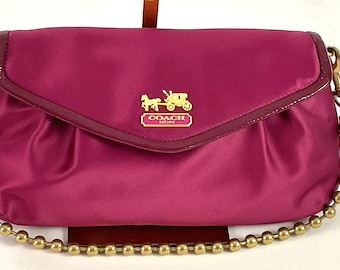 NWOT-Coach-#14349– fuchsia, satin evening, bag, patent leather trim, gold tone hardware and bobble link chain, and gem style fob