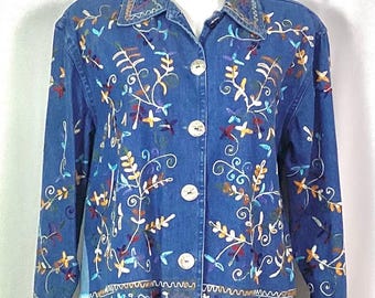Units Floral Embroidered Denim Jean Jacket Buttons up Size Units Floral Embroidered Denim Jean Jacket Buttons up Size