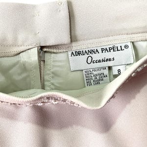 May include: A light pink skirt with a zipper closure and a label that reads "Adrianna Papell Occasions" with the details "100% Polyester, Lining: 100% Acetate, Made in China, See Reverse for Care" and the size "8".