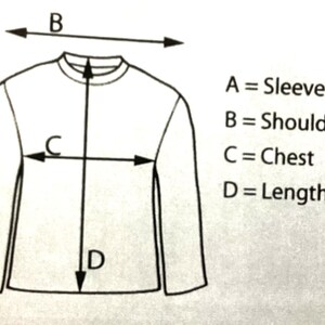 K&ouml;nnte beinhalten: Diagramm mit den Ma&szlig;en f&uuml;r ein lang&auml;rmliges Hemd. Die Ma&szlig;e sind: &Auml;rmel 15 Zoll, Schulter 16 Zoll, Brust 19 Zoll und L&auml;nge 25 Zoll.